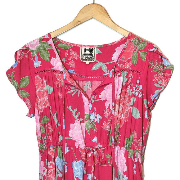 JAASE Floral Midi Dress Short Sleeve Tie Waist Flowy Red Boho Casual Summer XS - Picture 3 of 16
